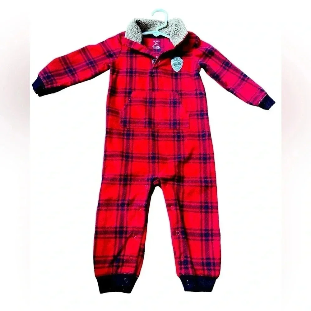 Carters Red and Black Plaid Bodysuit Warm Pajamas Size 24 Months